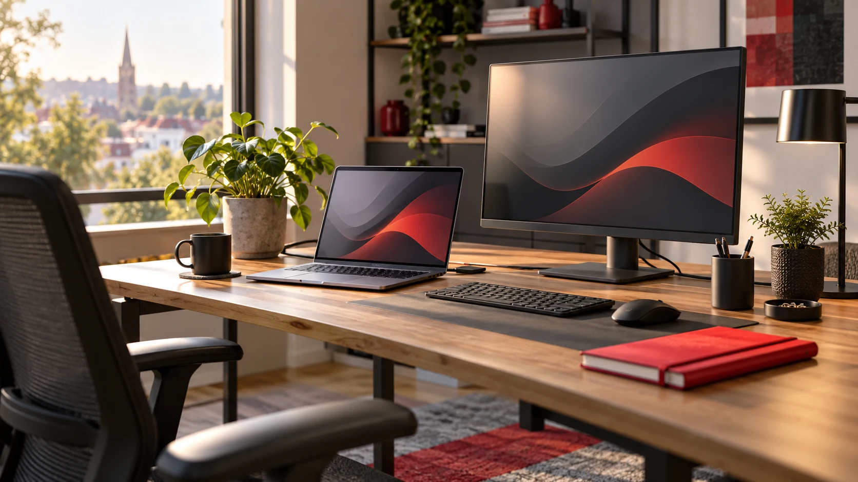 Illustration eines eingerichteten Arbeitsplatzes mit Notebook und Monitor