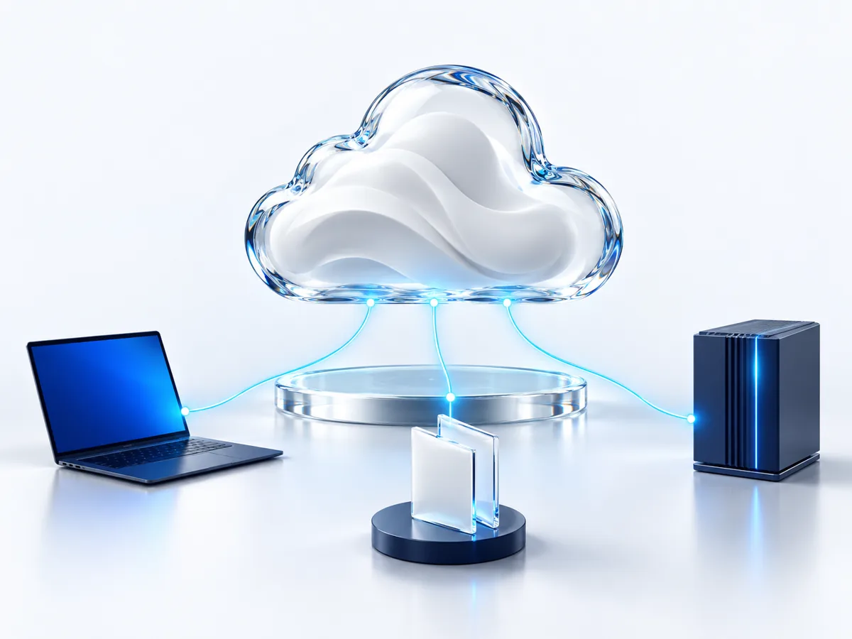 Digitale Arbeitsplätze und Cloud-Dienste als miteinander verbundene 3D-Module.