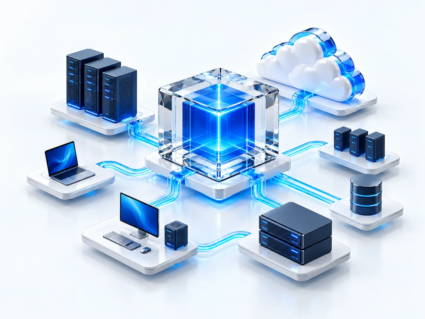 Individuelle 3D-Illustration: Ein gläserner IT-Kern verbindet Cloud, Server und digitale Arbeitsplätze.